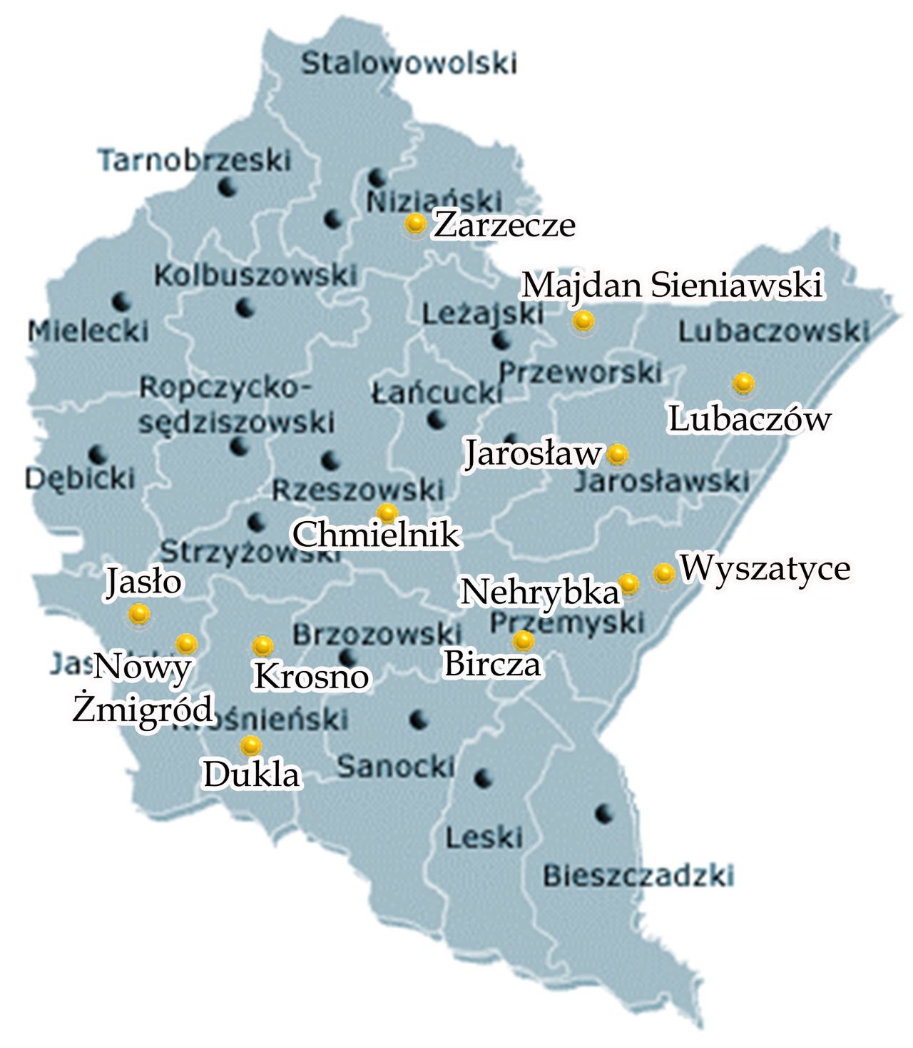 Mapa województwa podkarpackiego z zaznaczonymi miejscowościami w których są beneficjenci programu Bardzo Młoda Kultura w roku 2024