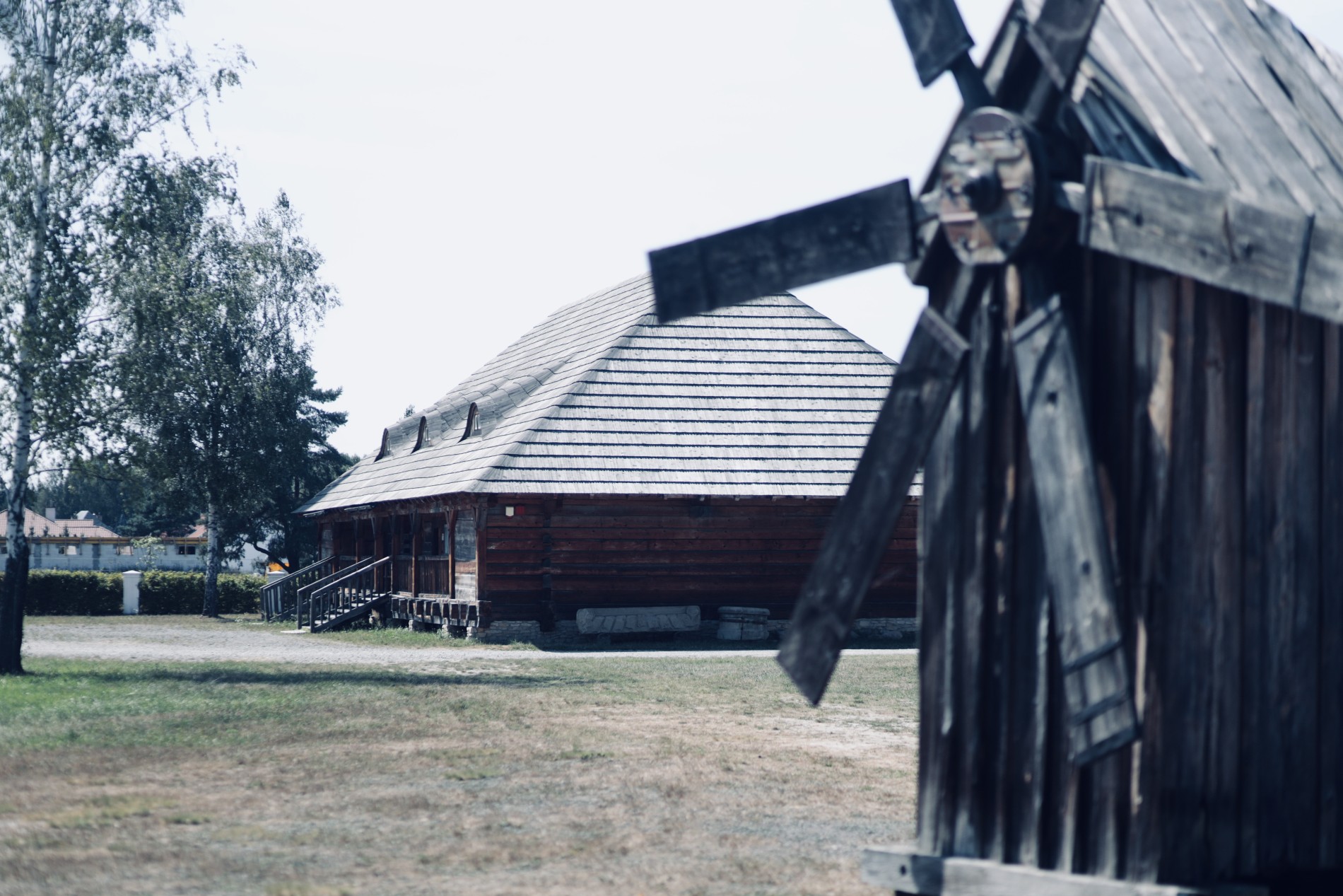 Widok na Muzeum Kultury Ludowej w Kolbuszowej. Na pierwszym planie drewniany wiatrak, w tle drewniana chata.